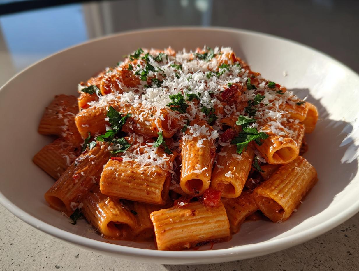 A bowl of spicy vodka pasta featuring rigatoni, garnished with parmesan cheese and fresh parsley.