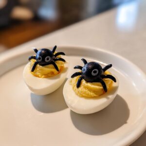 Two deviled eggs topped with black olive spiders, perfect for a spooky Halloween treat.