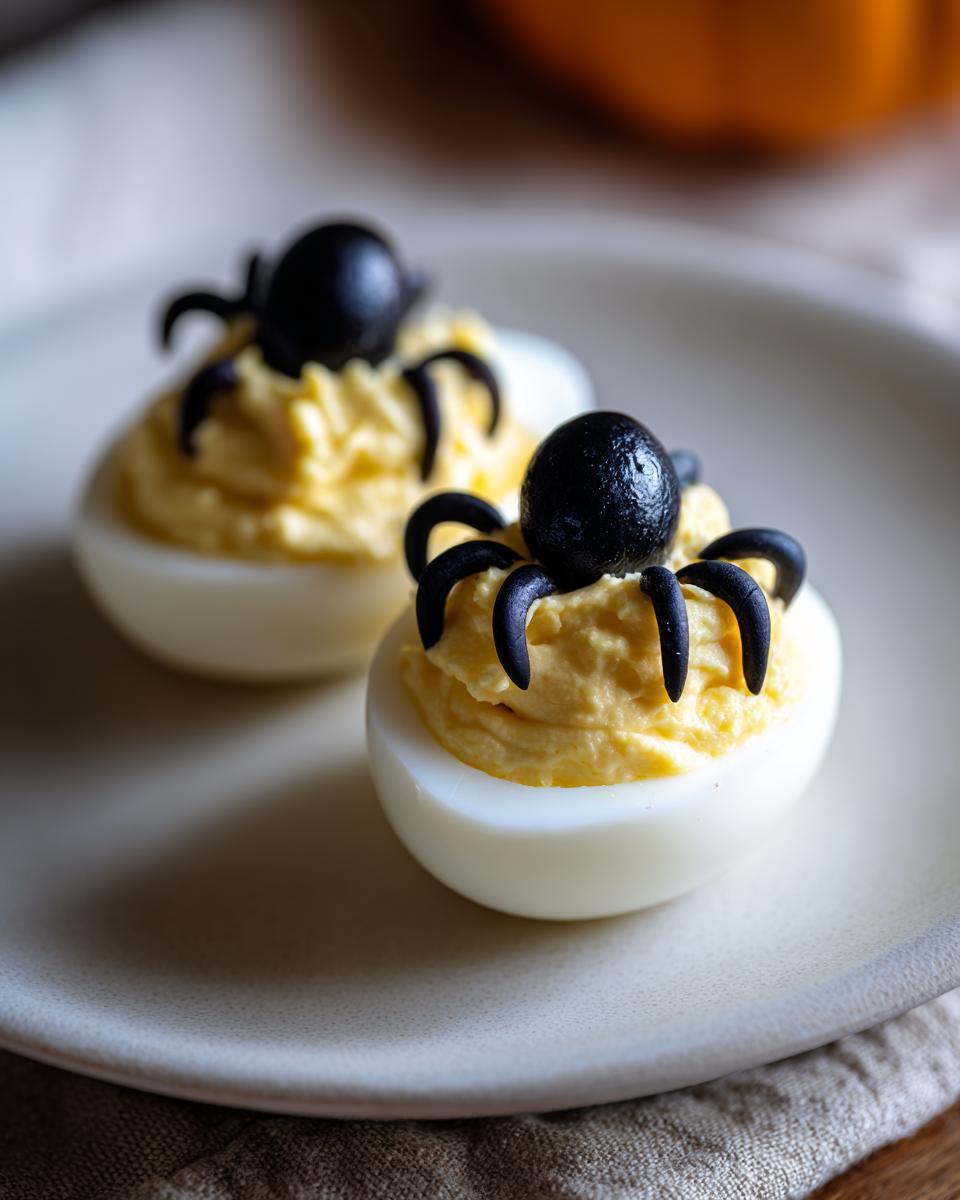 Two spooky spider deviled eggs made with black olive spiders on a white plate.