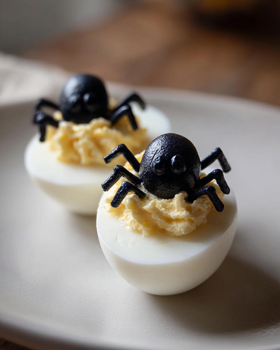 Close-up of two spider deviled eggs on a plate, topped with black olive spiders.