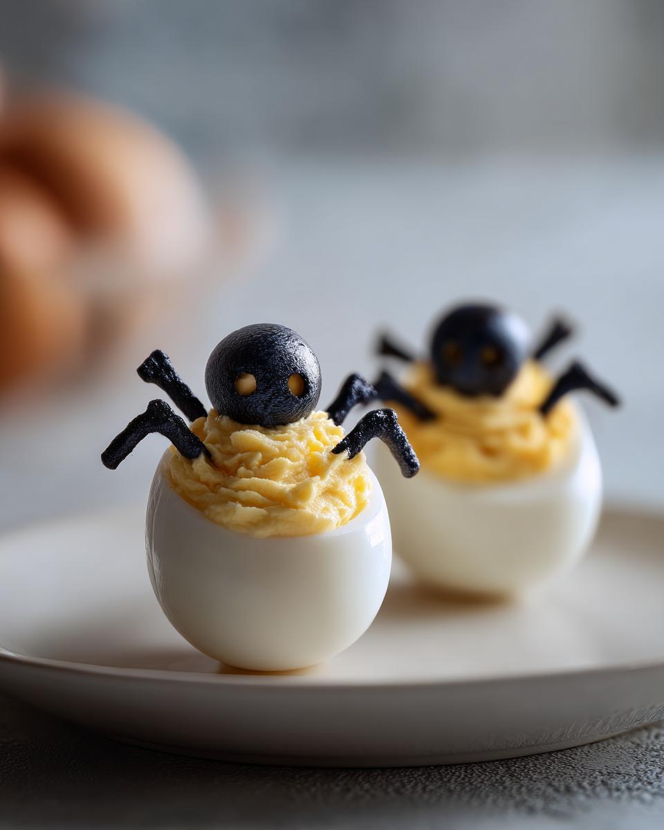 Close-up of two spider deviled eggs with black olive spiders on a white plate, perfect for Halloween.