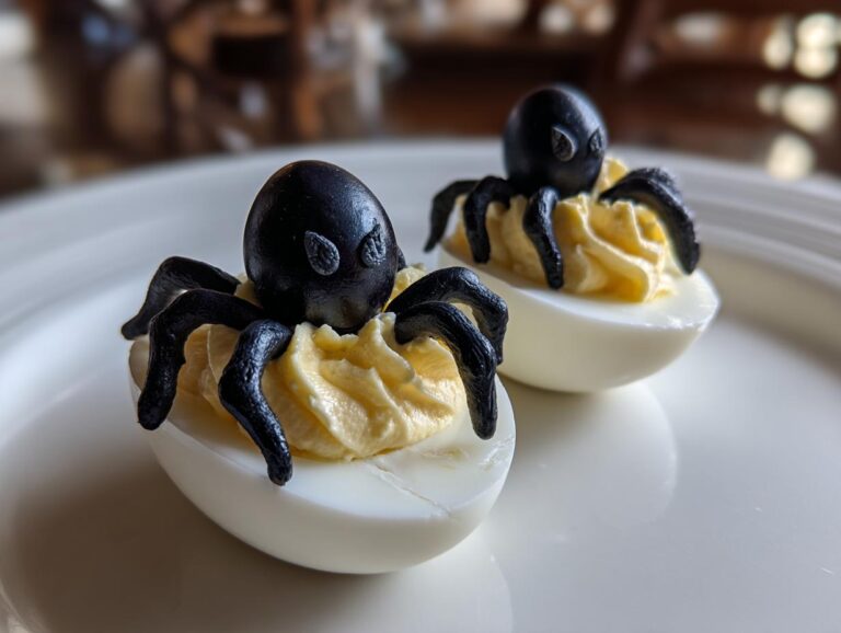 Two spooky spider deviled eggs made with black olives and piped filling on a white plate.