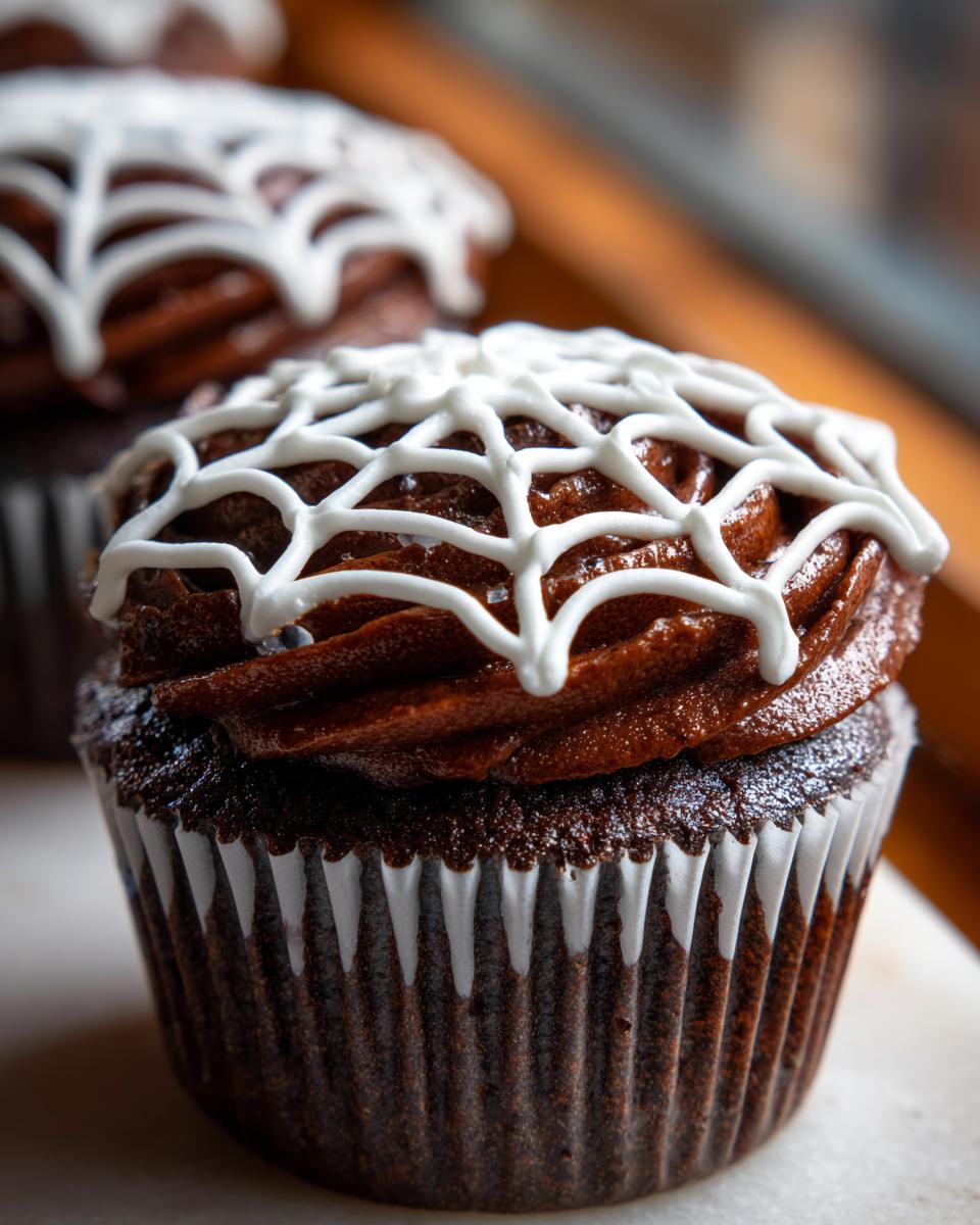 Close-up of a chocolate cupcake with dark chocolate frosting decorated with a white spider web pattern.