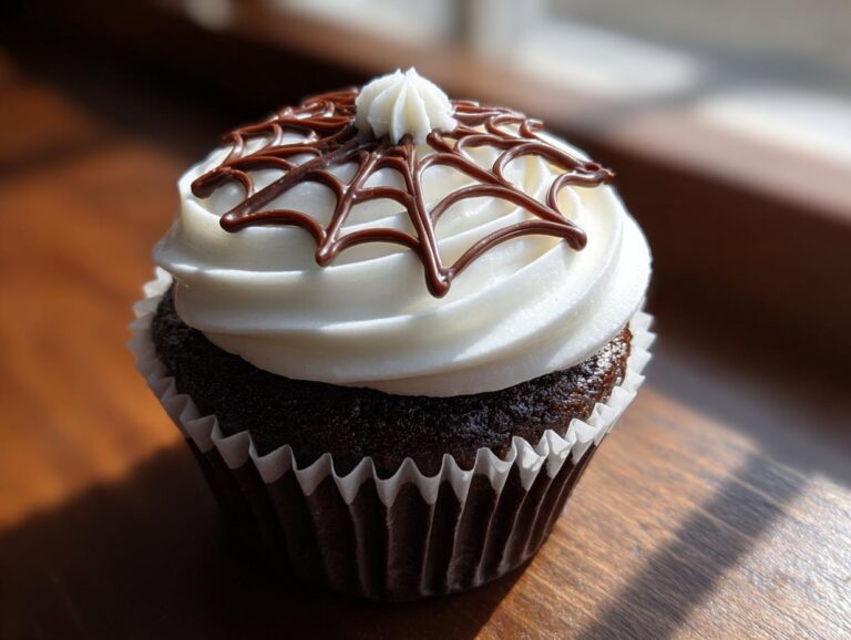 A close-up of a chocolate cupcake topped with white frosting and decorated with a chocolate spider web design, perfect for spider web cupcakes.