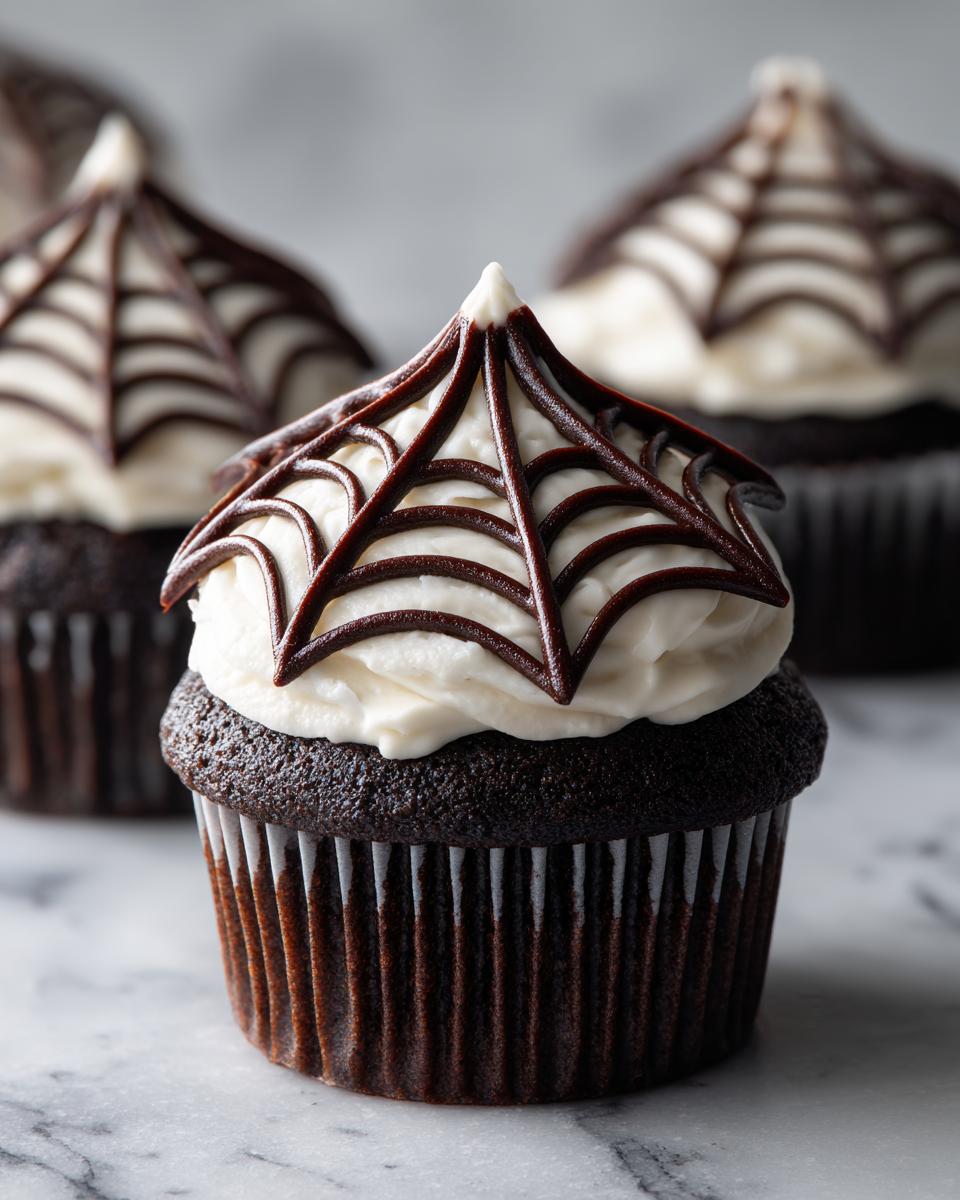 Close-up of a spooky spider web cupcake with white frosting and dark chocolate drizzle.