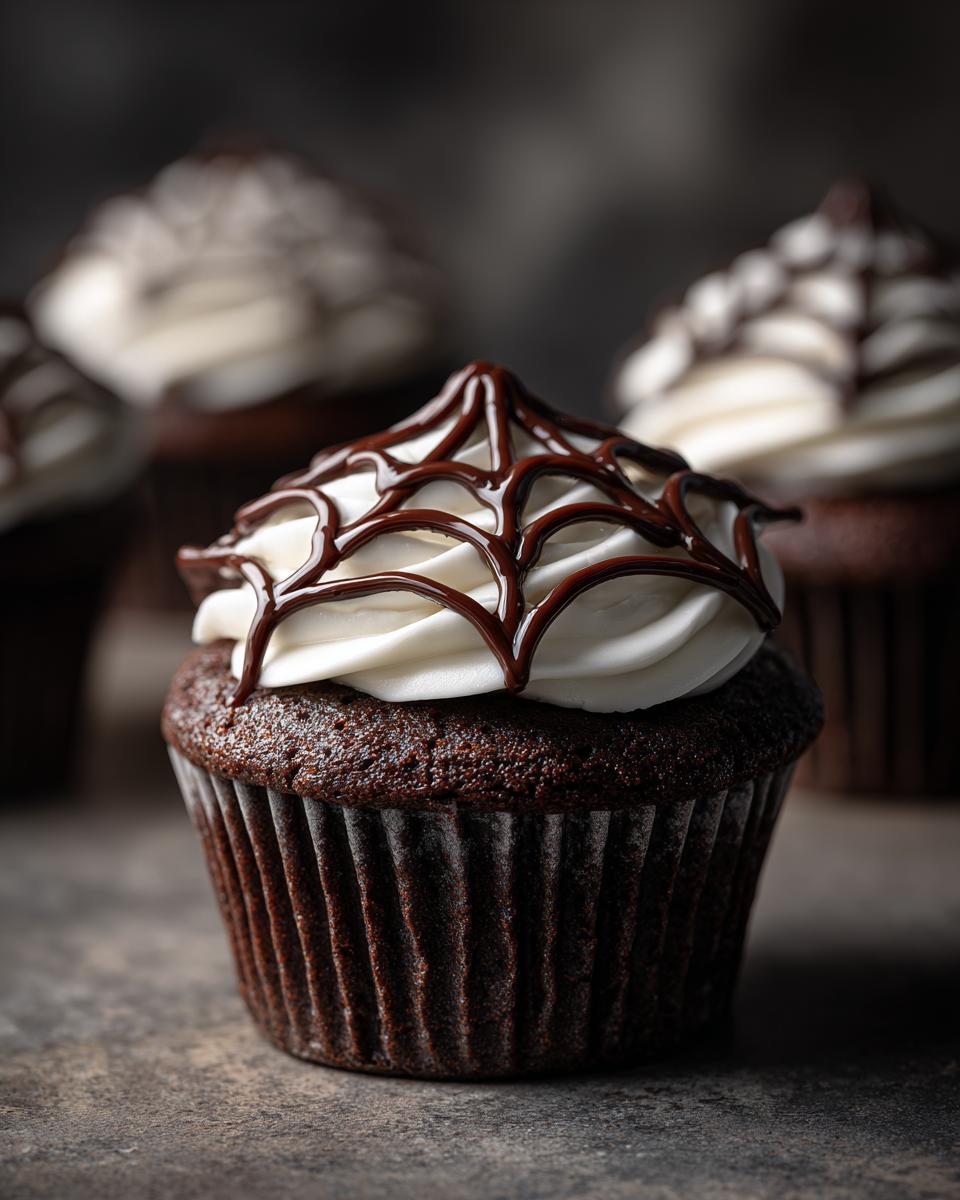 Close-up of a chocolate cupcake with white frosting decorated with a dark chocolate spider web pattern.
