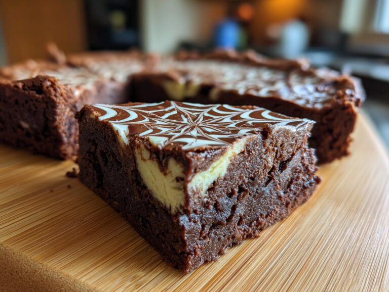 A slice of spiderweb brownies with a white spiderweb design on top, sitting on a wooden cutting board.