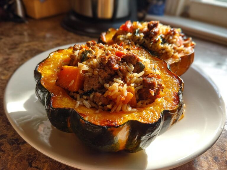 Two halves of stuffed acorn squash filled with rice, meat, and vegetables on a white plate.