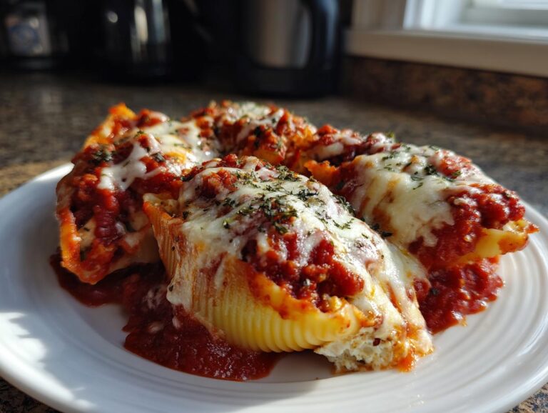 A close-up of cheesy, saucy stuffed shells, a comforting pasta dish.