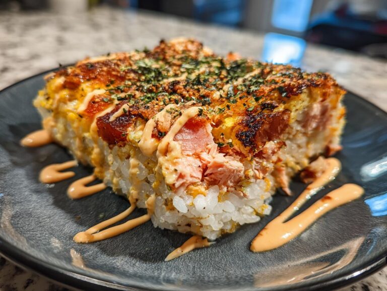 Close-up of a slice of sushi bake with layers of rice, salmon, and a creamy sauce on a dark plate.