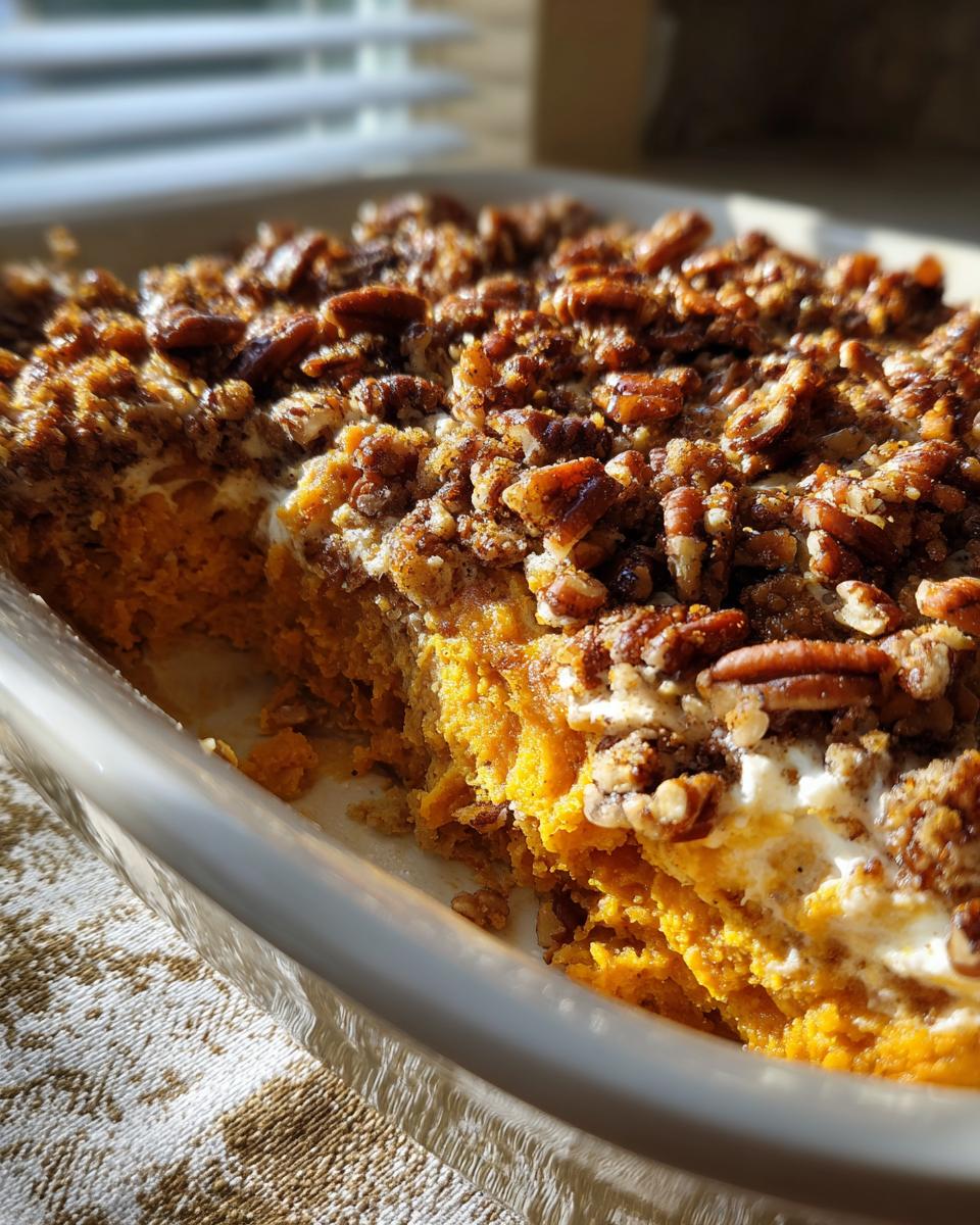Close-up of a baked sweet potato casserole in a white dish, topped with crunchy pecans and a creamy layer.