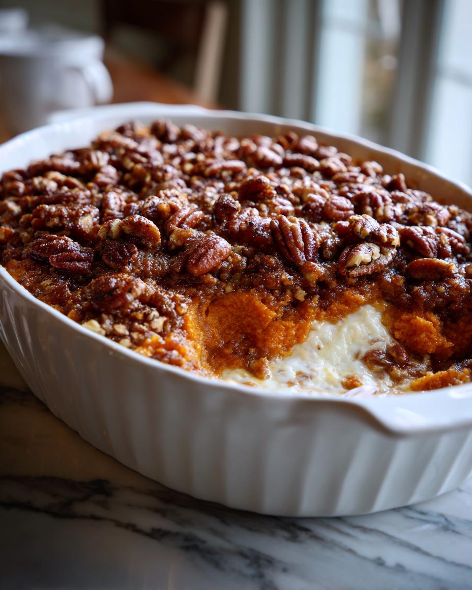 A close-up of a white baking dish filled with sweet potato casserole, topped with a generous layer of pecans and brown sugar.