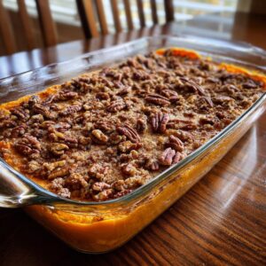 A close-up of a freshly baked sweet potato casserole topped with crunchy pecans and a crumble topping.