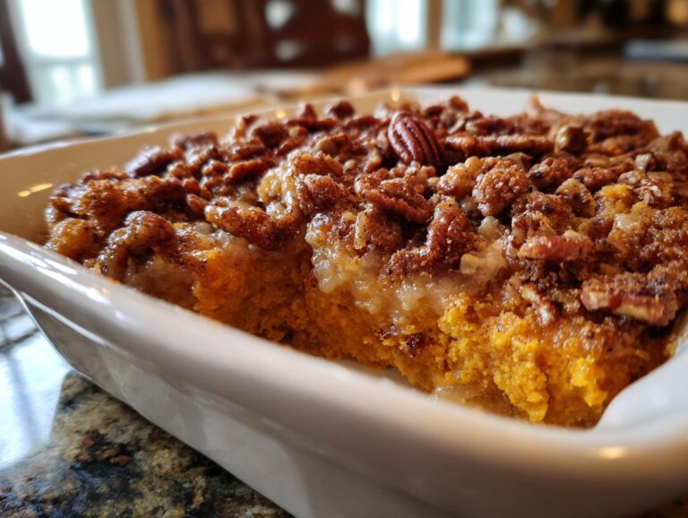 Close-up of a freshly baked sweet potato casserole topped with a crunchy pecan streusel.