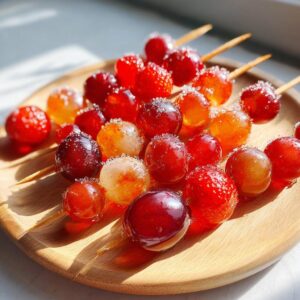 Several Tanghulu candied fruit skewers with glistening sugar coating, arranged on a wooden plate.