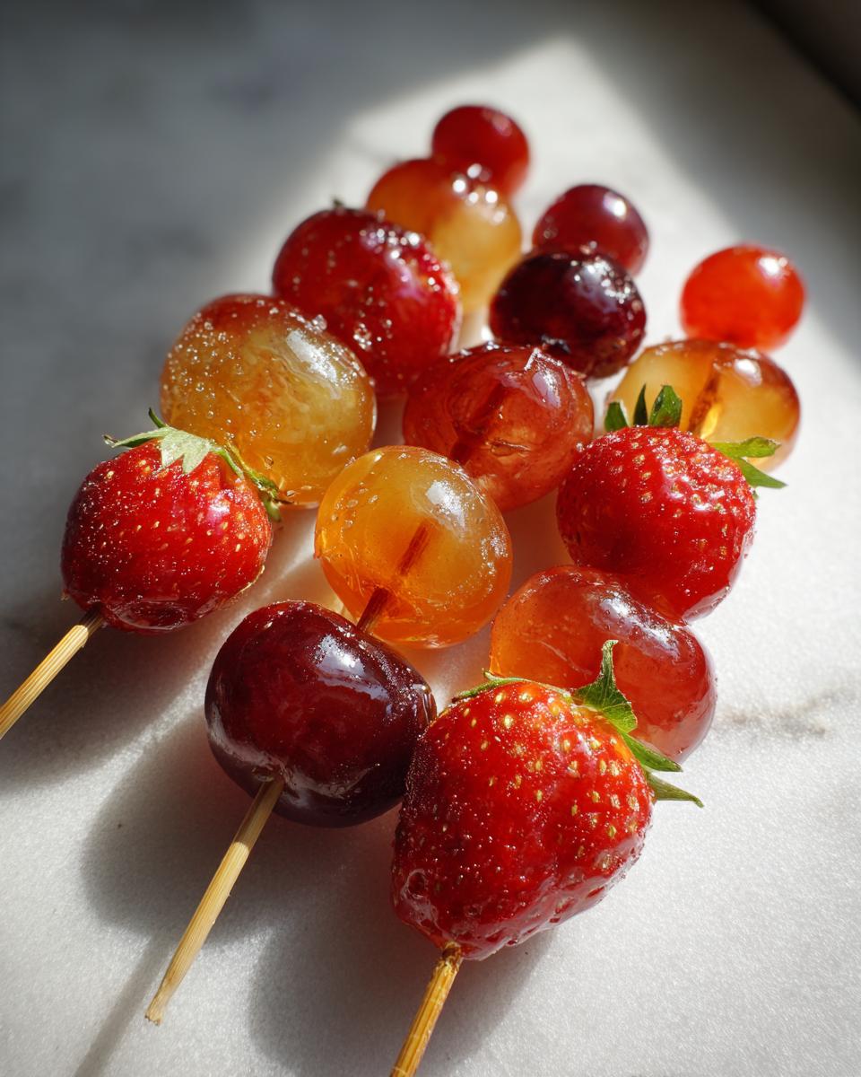 Close-up of Tanghulu candied fruit skewers featuring strawberries and grapes with a shiny, hardened sugar coating.