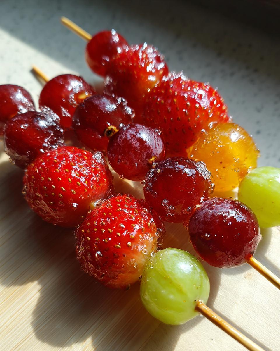 Close-up of Tanghulu candied fruit skewers with strawberries and grapes, coated in a shiny, hard candy shell.