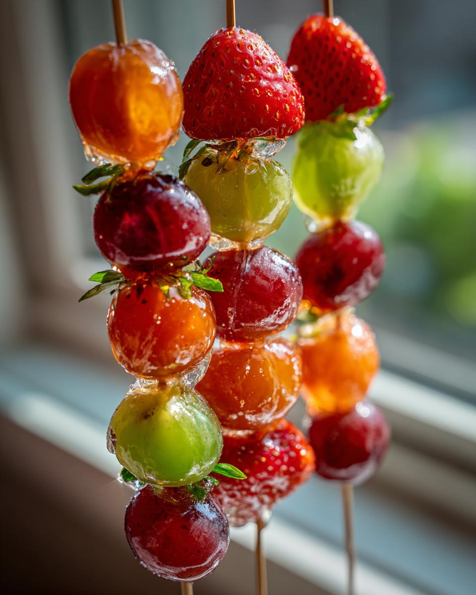 Close-up of Tanghulu candied fruit skewers with strawberries, grapes, and other fruits, coated in a shiny candy shell.