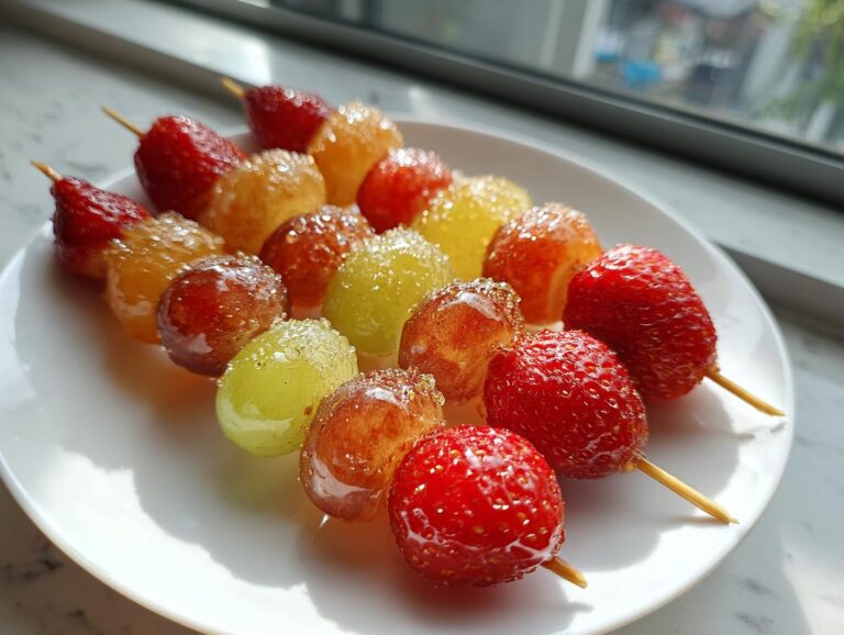 Close-up of Tanghulu candied fruit skewers featuring strawberries and grapes on a white plate.