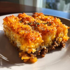 A slice of golden brown Tater Tot Casserole on a plate, garnished with herbs.
