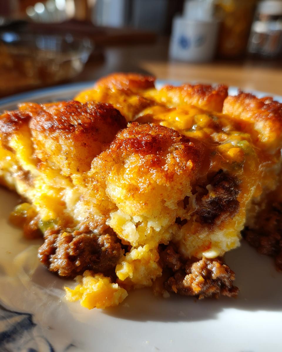 Close-up of a slice of Tater Tot Casserole, showcasing layers of tater tots, meat, and cheese on a decorative plate.