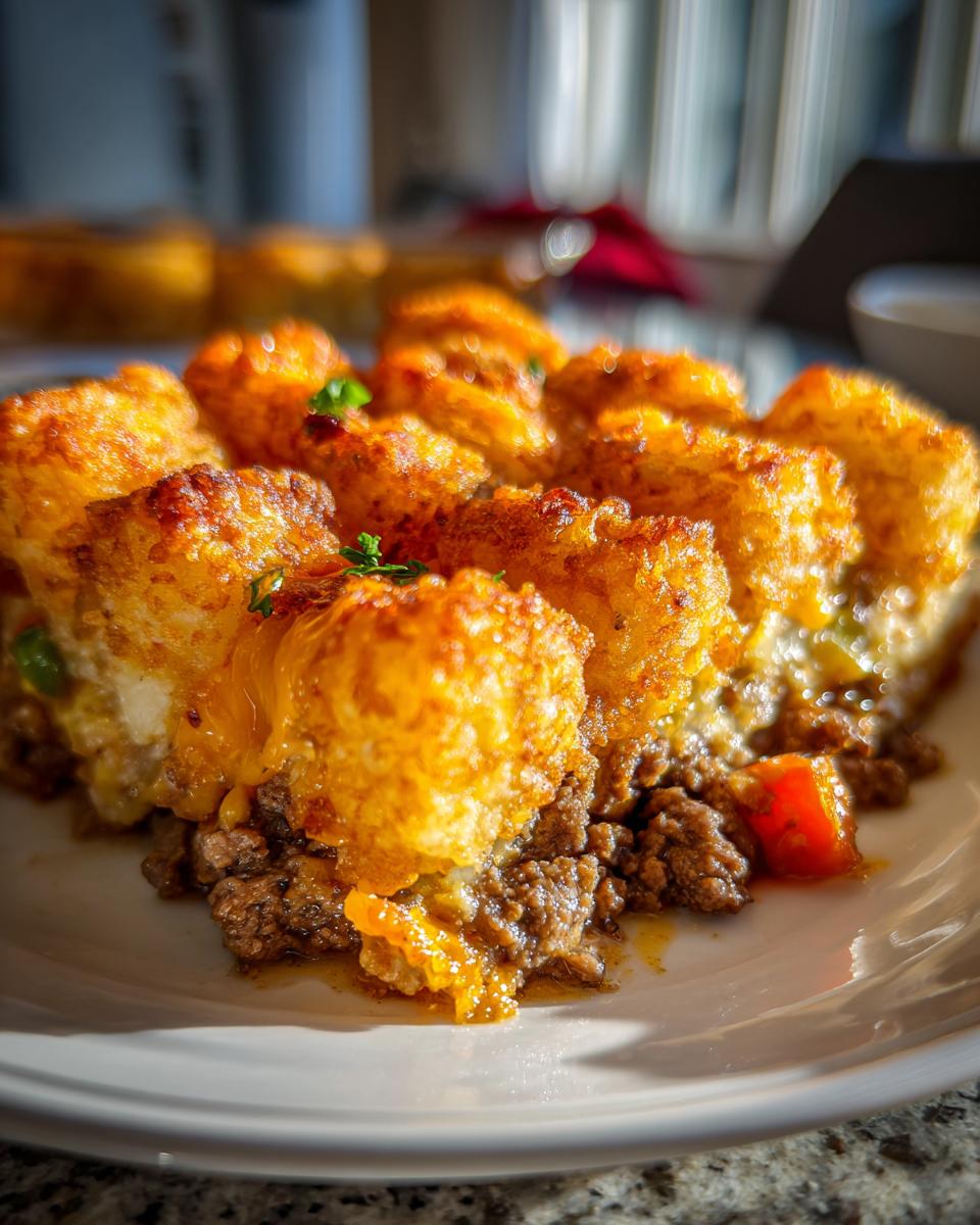A slice of Tater Tot Casserole featuring a crispy tater tot topping, savory meat filling, and melted cheese.