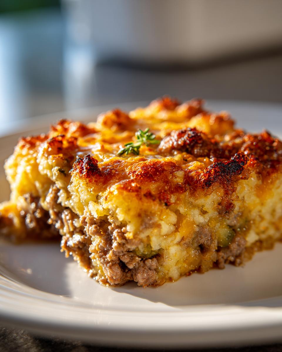 Close-up of a slice of Tater Tot Casserole, showing layers of tater tots, meat, and cheese.