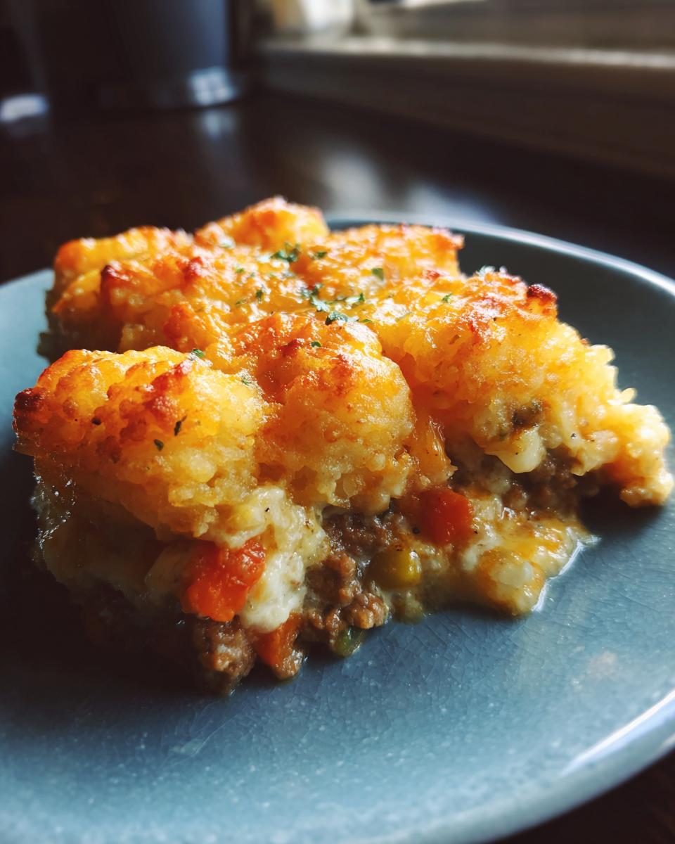 A slice of Tater Tot Casserole with a golden-brown tater tot crust, meat, and vegetables on a blue plate.