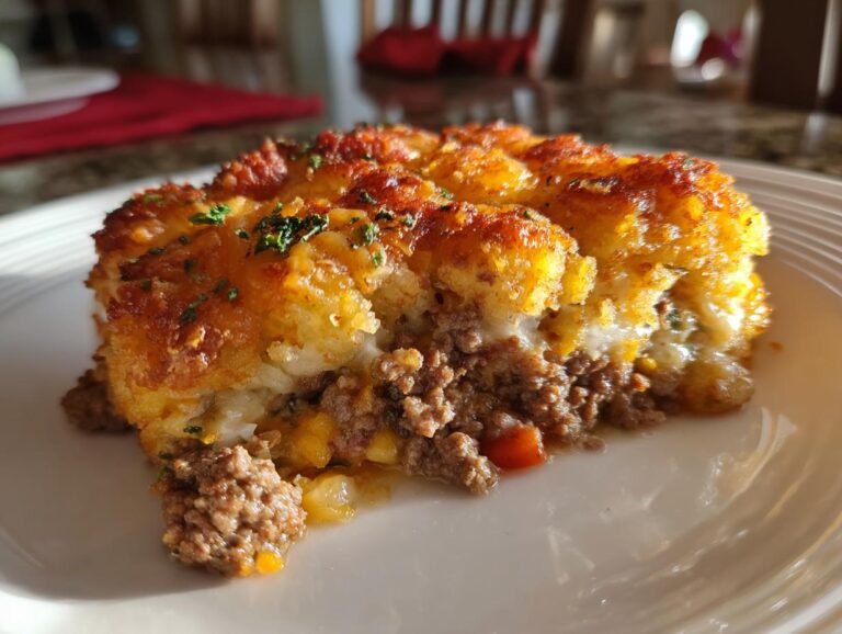 A mouthwatering slice of Tater Tot Casserole with layers of tater tots, ground beef, and vegetables.