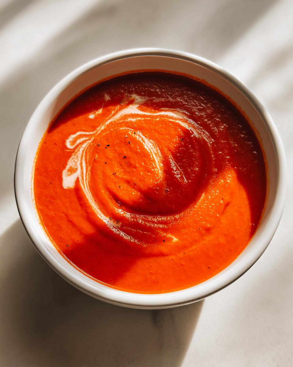 A close-up overhead shot of a bowl of rich, vibrant tomato soup with a swirl of cream and a sprinkle of black pepper.