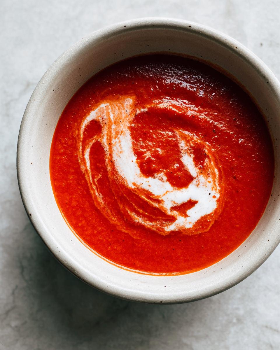 Close-up of a bowl of rich tomato soup with a swirl of cream on top.