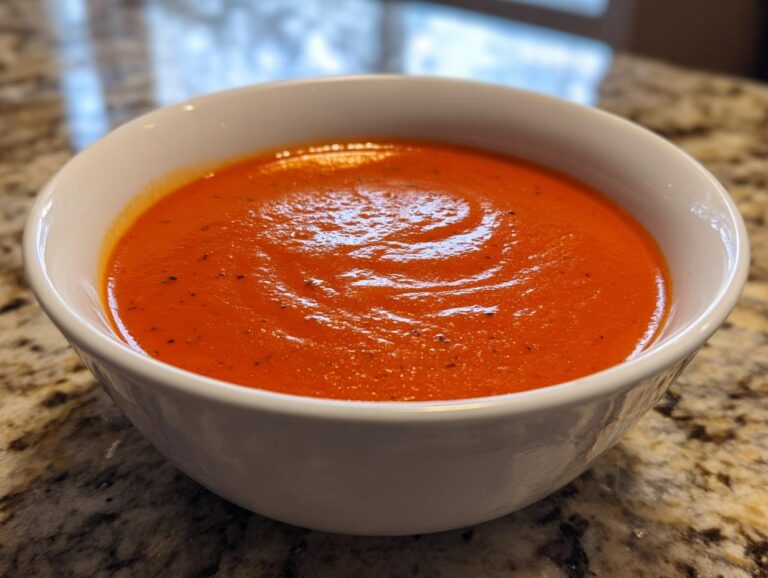 A close-up shot of a bowl of creamy tomato soup, with visible specks of herbs.