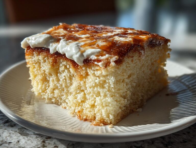 A close-up of a moist slice of Tres Leches cake topped with whipped cream and caramel.