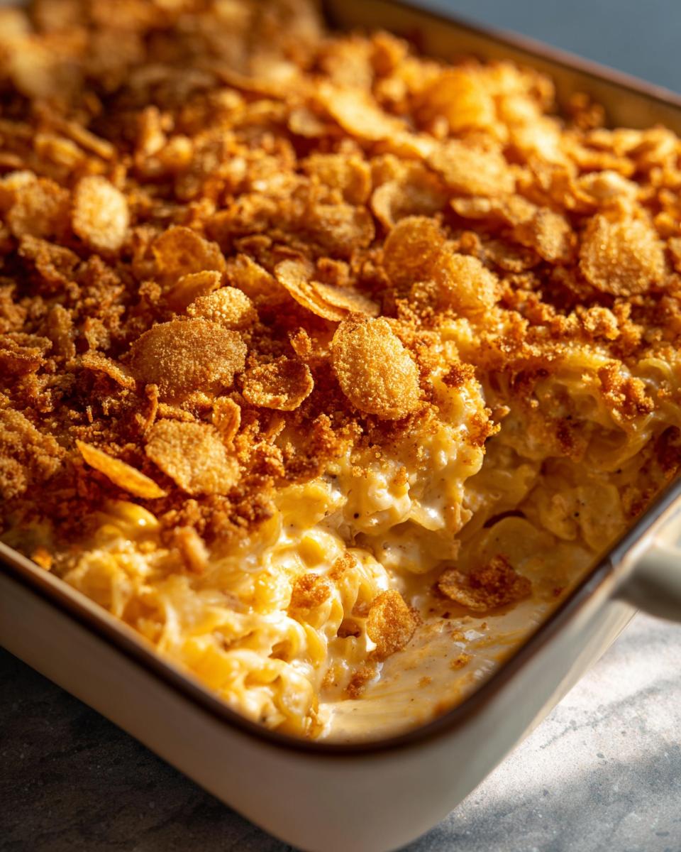 Close-up of a baking dish filled with creamy tuna noodle casserole, topped with a golden-brown crispy crumb and cereal mixture.