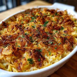 A close-up of a freshly baked Tuna Noodle Casserole in a white baking dish, topped with crispy fried onions and fresh parsley.
