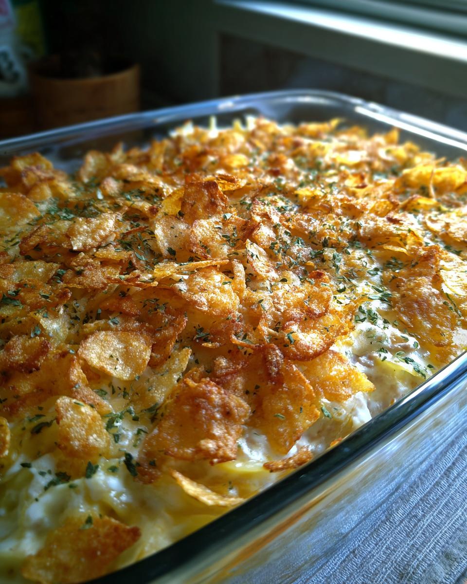 Close-up of a bubbly Tuna Noodle Casserole topped with crunchy potato chips and parsley.