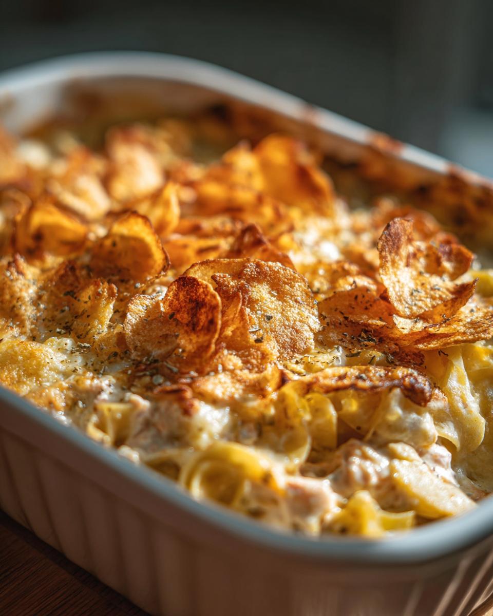 Close-up of a creamy tuna noodle casserole baked in a white dish, topped with crispy potato chips and herbs.