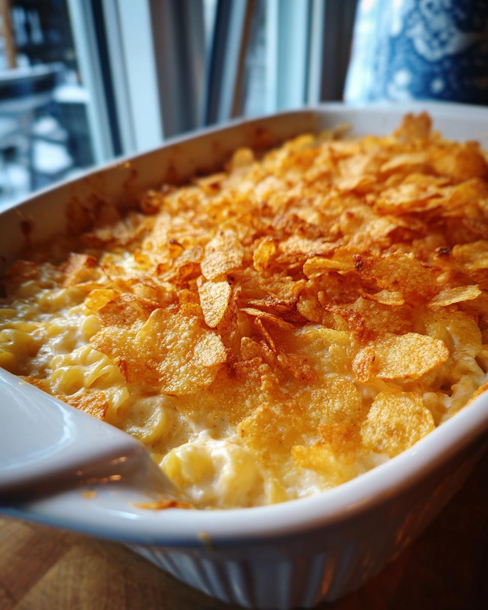 A close-up of a creamy Tuna Noodle Casserole topped with crispy, golden potato chips.
