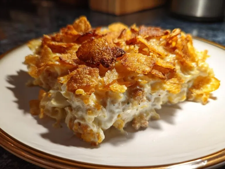 A close-up of a serving of tuna noodle casserole with a crunchy, golden-brown topping.