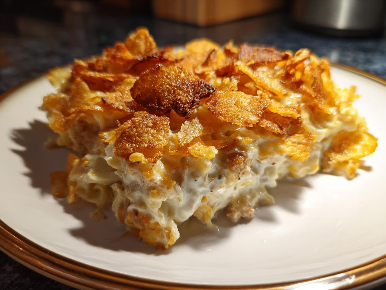 A close-up of a serving of tuna noodle casserole with a crunchy, golden-brown topping.