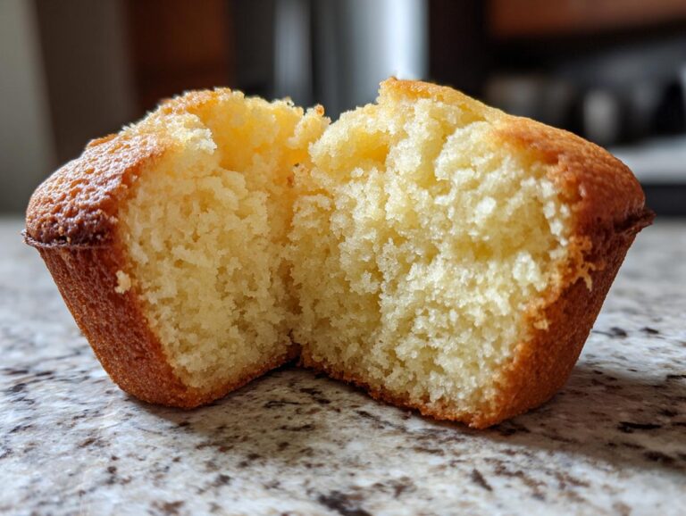 Close-up of a perfectly baked vanilla cupcake cut in half, revealing its fluffy interior.