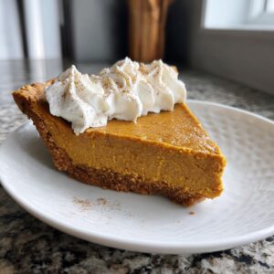 A delicious slice of vegan pumpkin pie topped with whipped cream and a sprinkle of cinnamon.