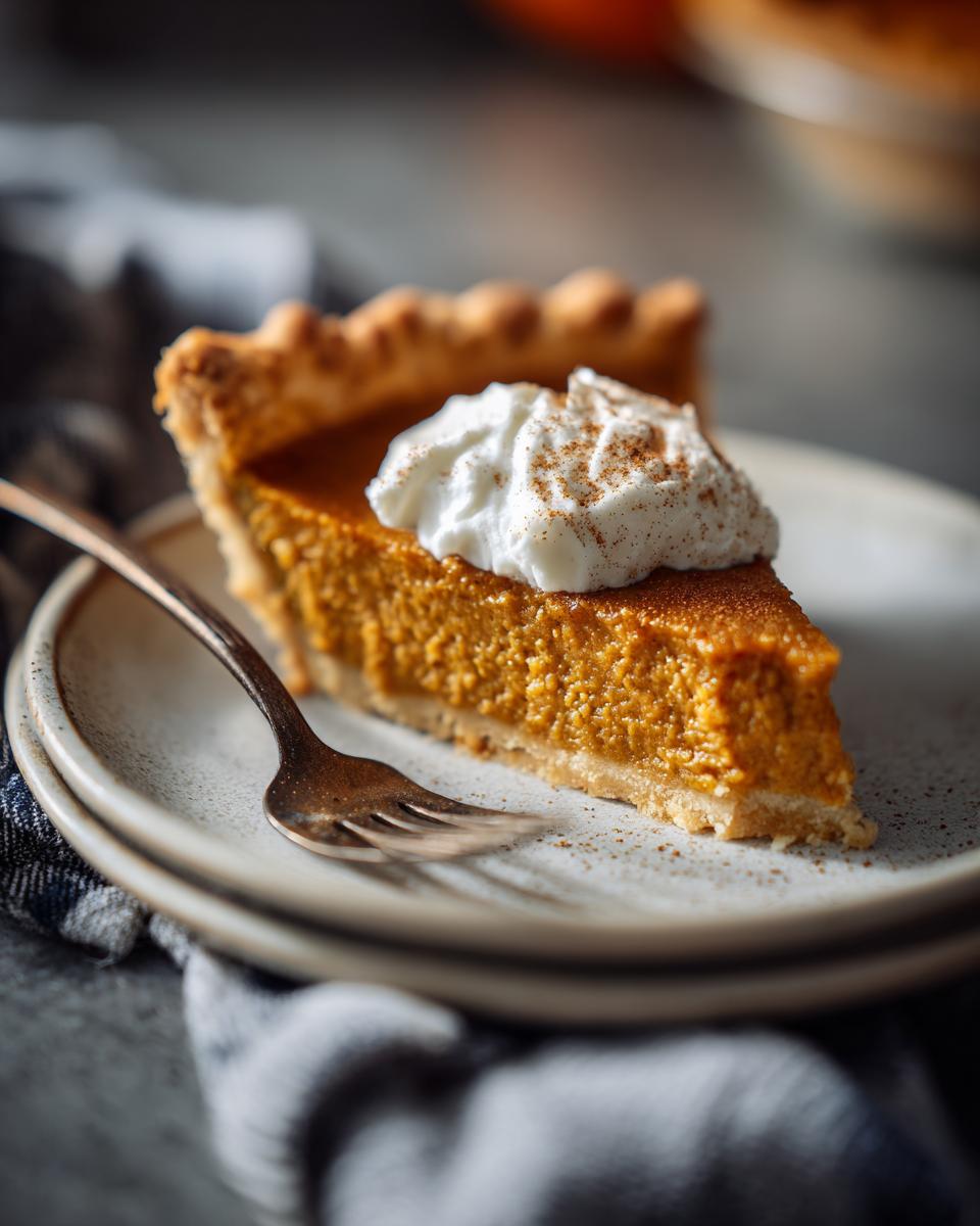 A slice of vegan pumpkin pie topped with whipped cream and cinnamon, served on a plate with a fork.