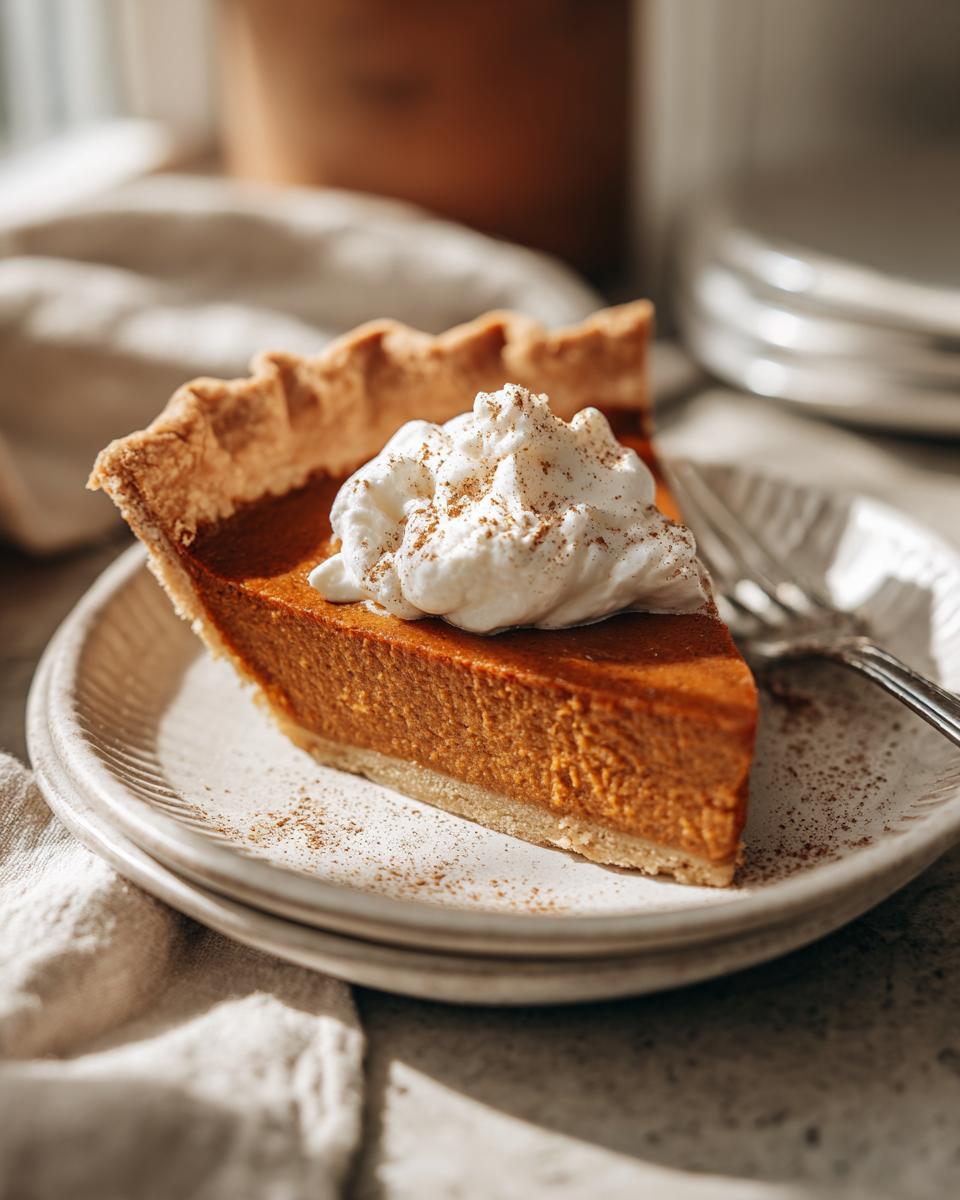 A slice of vegan pumpkin pie topped with whipped cream and a sprinkle of cinnamon on a plate.