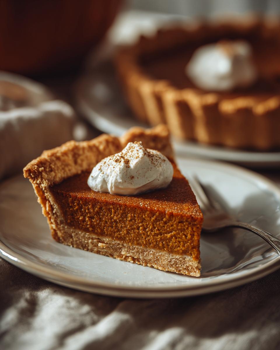A slice of vegan pumpkin pie topped with whipped cream and spice, on a plate with a fork.