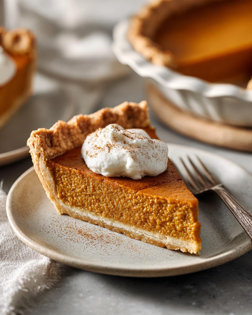 A slice of vegan pumpkin pie topped with whipped cream and a sprinkle of spice, served on a plate with a fork.
