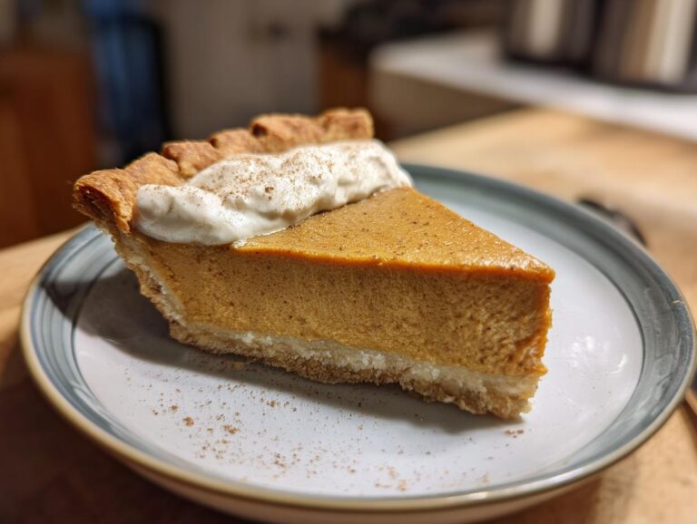 A slice of vegan pumpkin pie topped with whipped cream and cinnamon on a plate.