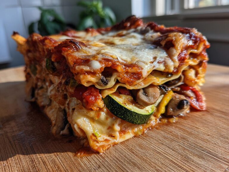 A close-up of a hearty slice of vegetable lasagna, showcasing layers of pasta, cheese, zucchini, mushrooms, and tomato sauce.