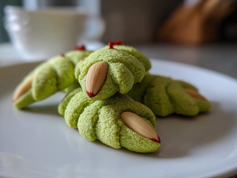 Close-up of green witch finger cookies with almond nails and red tips on a white plate.