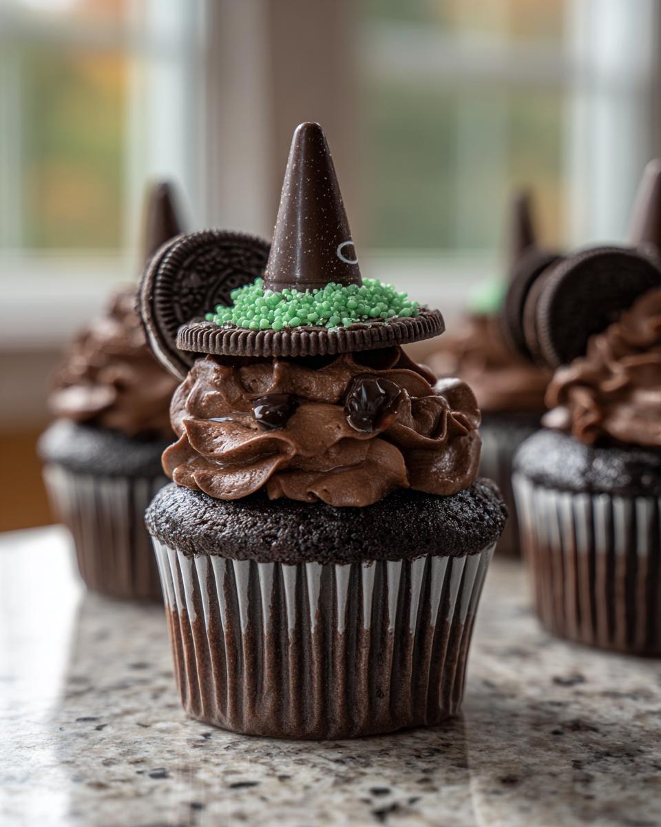 Close-up of a Witch Hat Cupcake with chocolate frosting, candy witch hat, and an Oreo cookie.